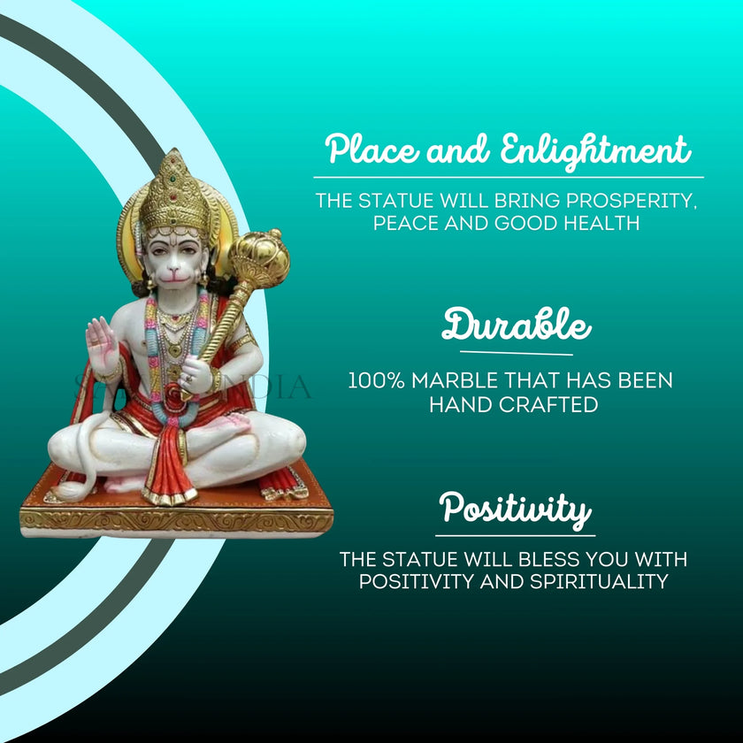 Buy Sitting Hanuman Ji Idol on Chowki with Gada | Traditional Hand-Painted Marble Sculpture