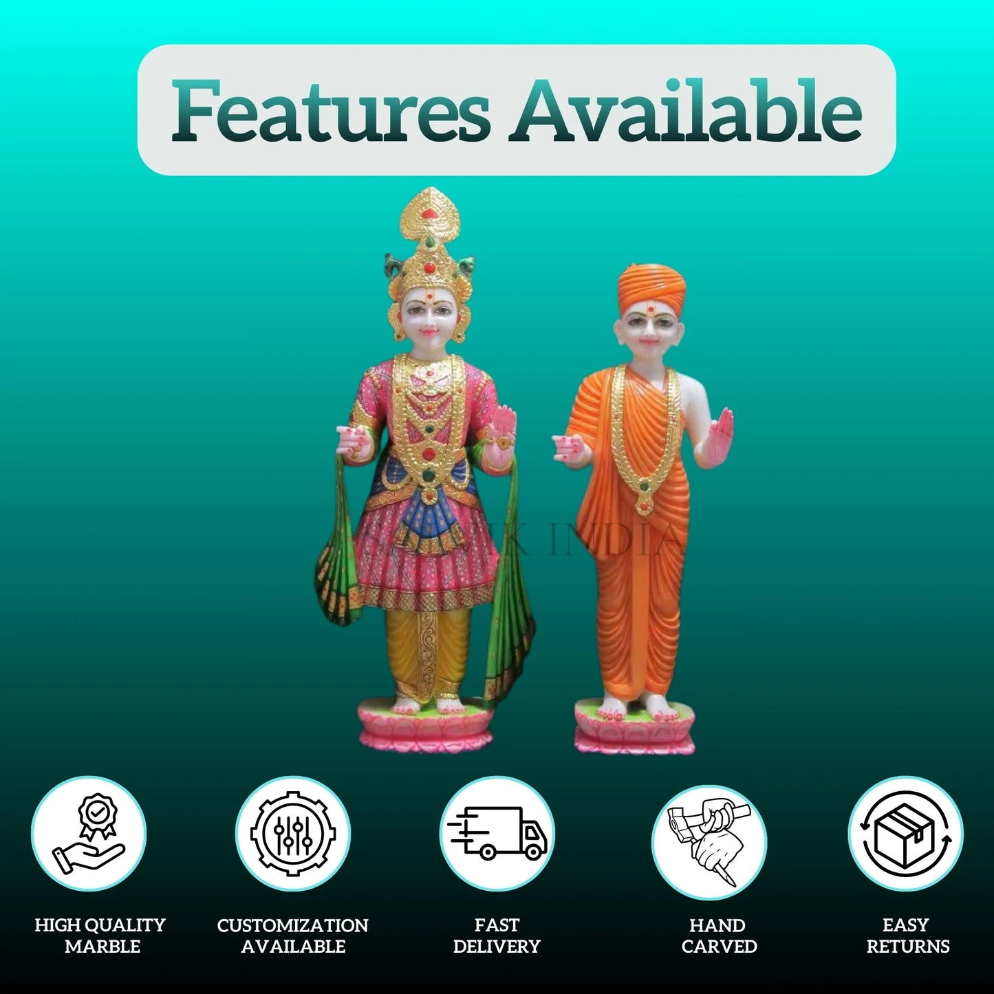 Marble Swaminarayan Statue with Mukut - Handcrafted White Marble Idol