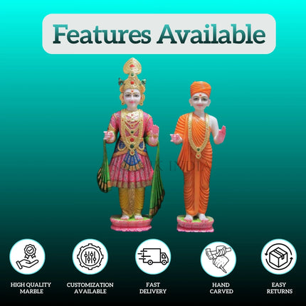 Marble Swaminarayan Statue with Mukut - Handcrafted White Marble Idol