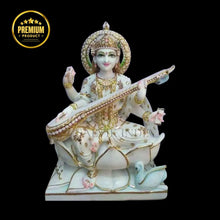 White marble Veena Vadini Saraswati statue with lotus base