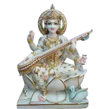 White marble Veena Vadini Saraswati statue with lotus base