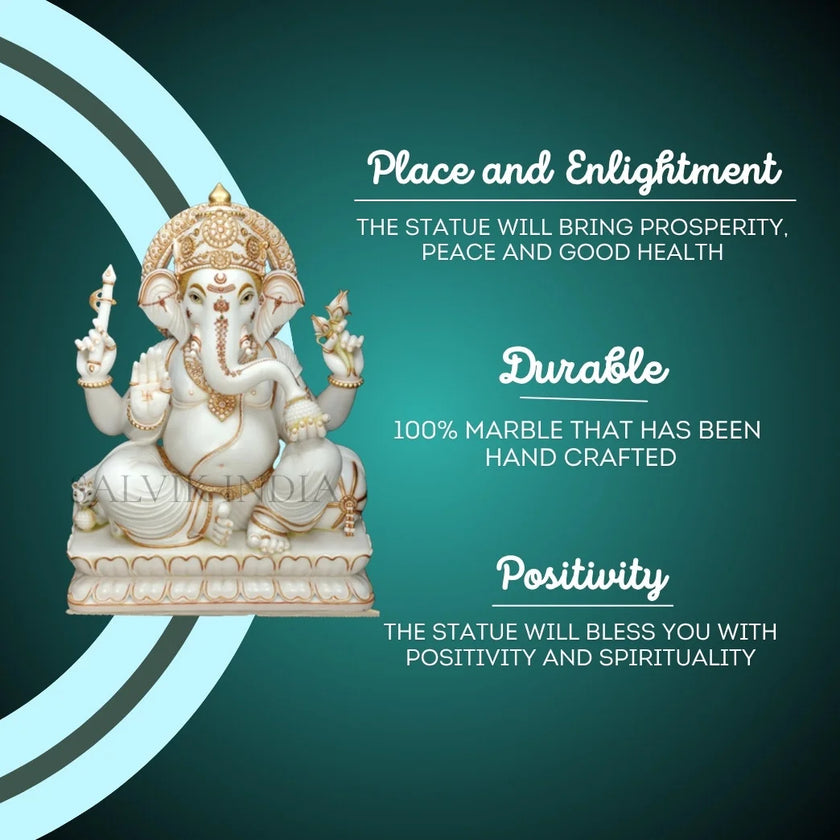 White Makrana Marble Ganpati Murti – Durable Handmade Idol for Peace, Prosperity and Positivity