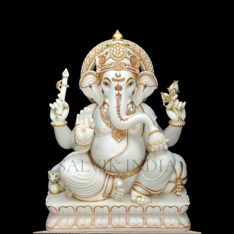 White Makrana Marble Ganesh Murti 6 Inch – Handcrafted Sitting Ganpati Statue by Salvik India