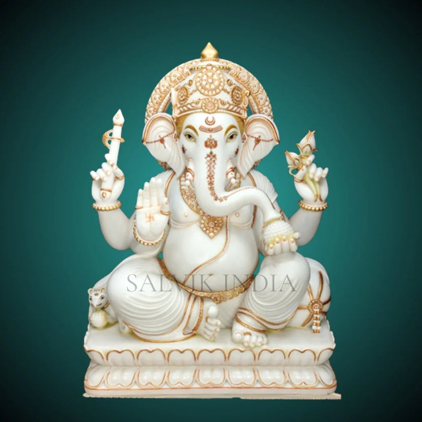 White Makrana Marble Ganesh Murti 6 Inch – Handcrafted Sitting Ganpati Statue by Salvik India
