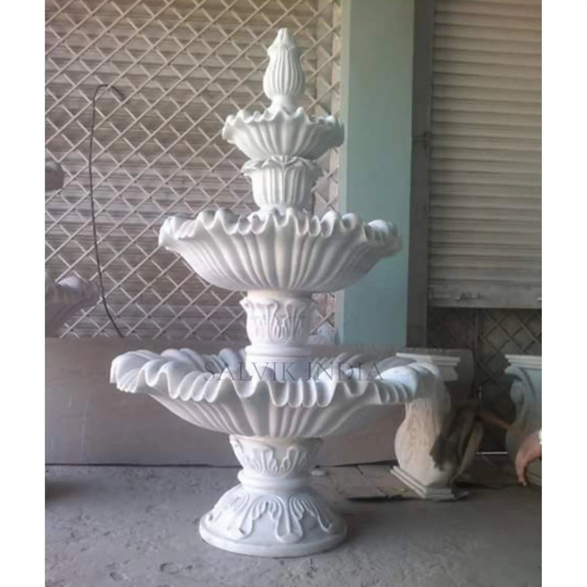 White Marble Floral Carved Fountain 5ft