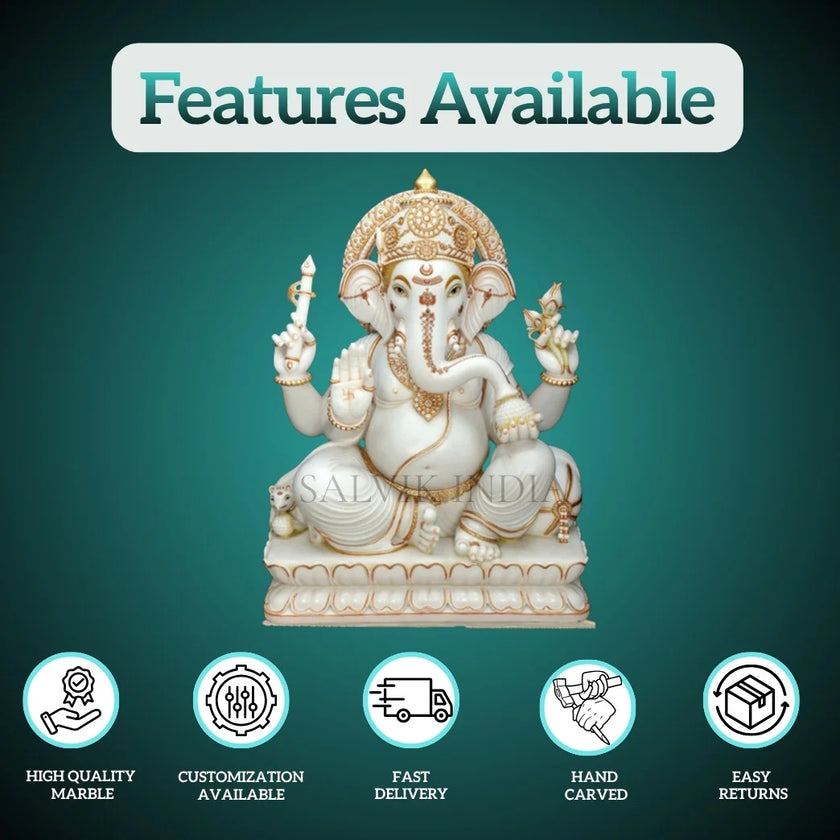 Features of White Marble Ganesh Murti – High Quality, Customization, Fast Delivery, Hand Carved Statue by Salvik India