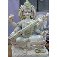 White marble Saraswati Mata murti with detailed carving