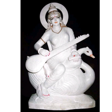 Goddess Saraswati marble statue seated on swan with Veena