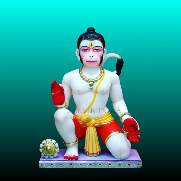 Bajrangbali marble idol in chowki pose for home mandir hand-painted Makrana marble sculpture
