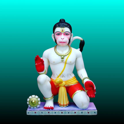 Bajrangbali marble idol in chowki pose for home mandir hand-painted Makrana marble sculpture