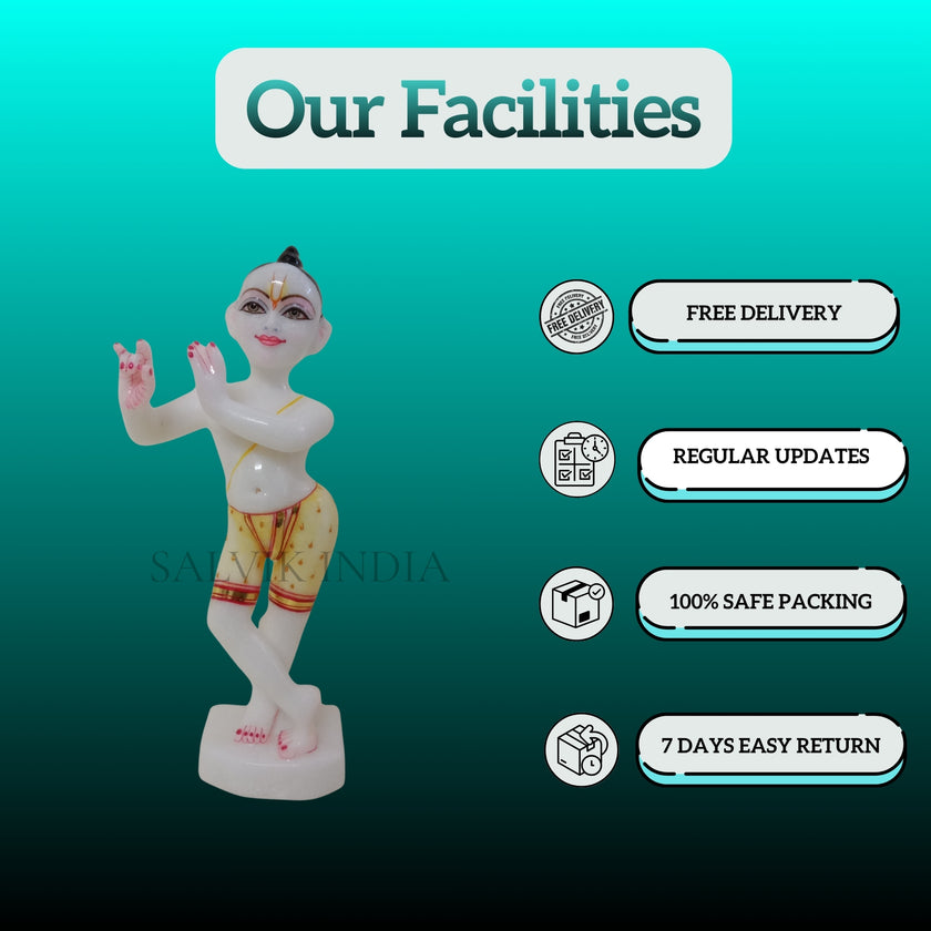 Intricate hand carving on Bal Gopal Kanha Ji marble murti by artisans