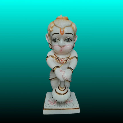 Bal Hanuman Ji marble idol with gada cute baby hanuman sculpture hand-painted Makrana marble