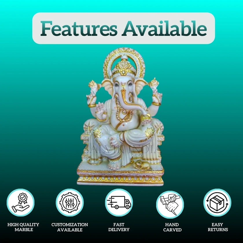 Features of Bhagwan Ganesha Ji marble statue with fine detailing