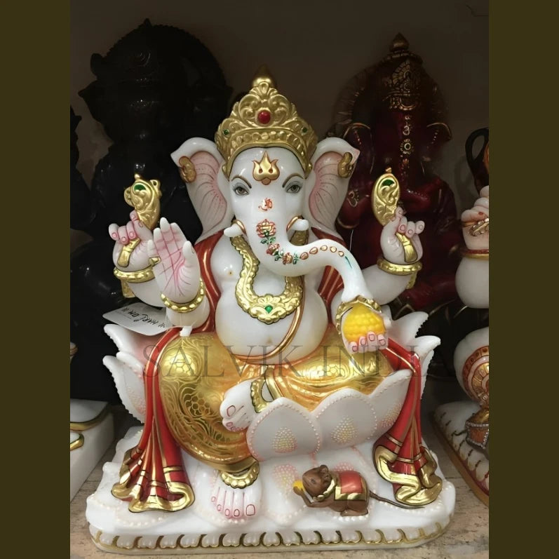 Big size white marble Ganesh statue with blessing posture for home entrance