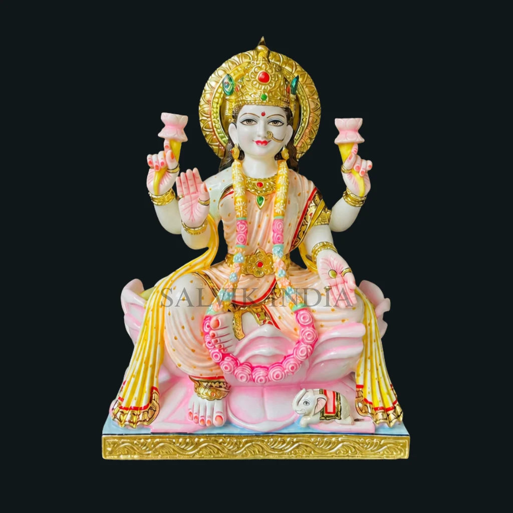 Big size Laxmi Ji marble idol for temple installation sitting on lotus pure white Makrana marble