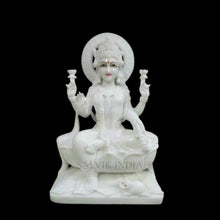 Big size Laxmi Ji marble idol for temple installation sitting on lotus pure white Makrana marble
