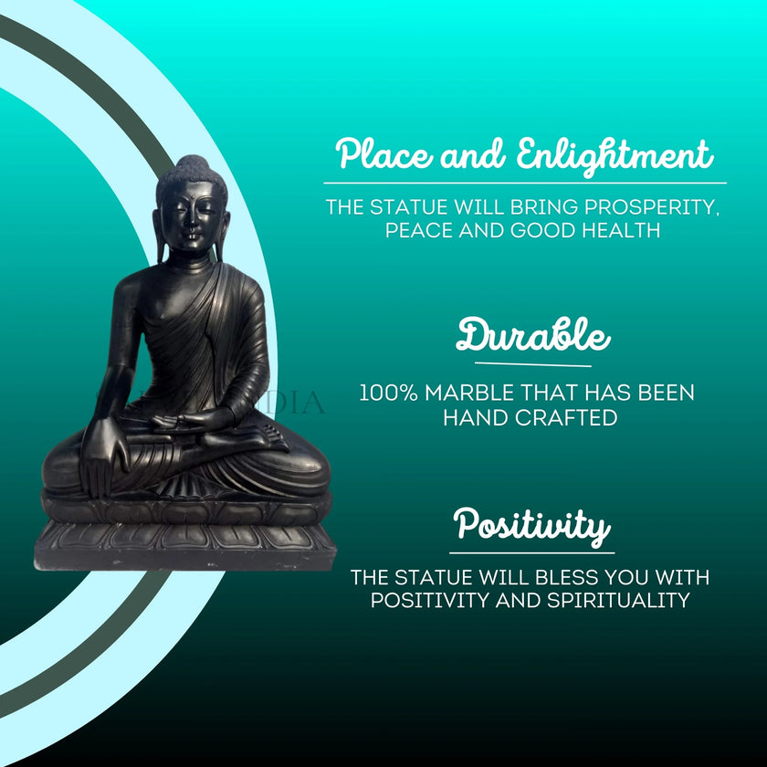 Back view of handcrafted black marble Buddha statue 12 inch
