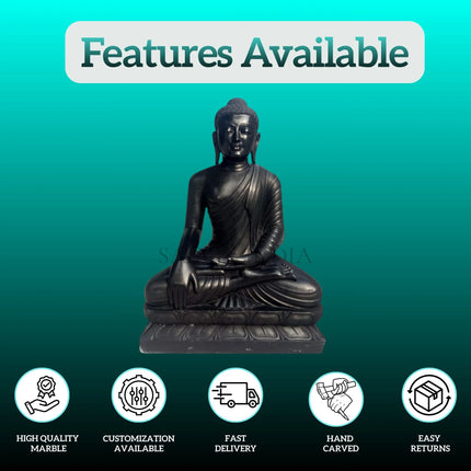 Front view of 12 inch black marble Buddha statue for home temple