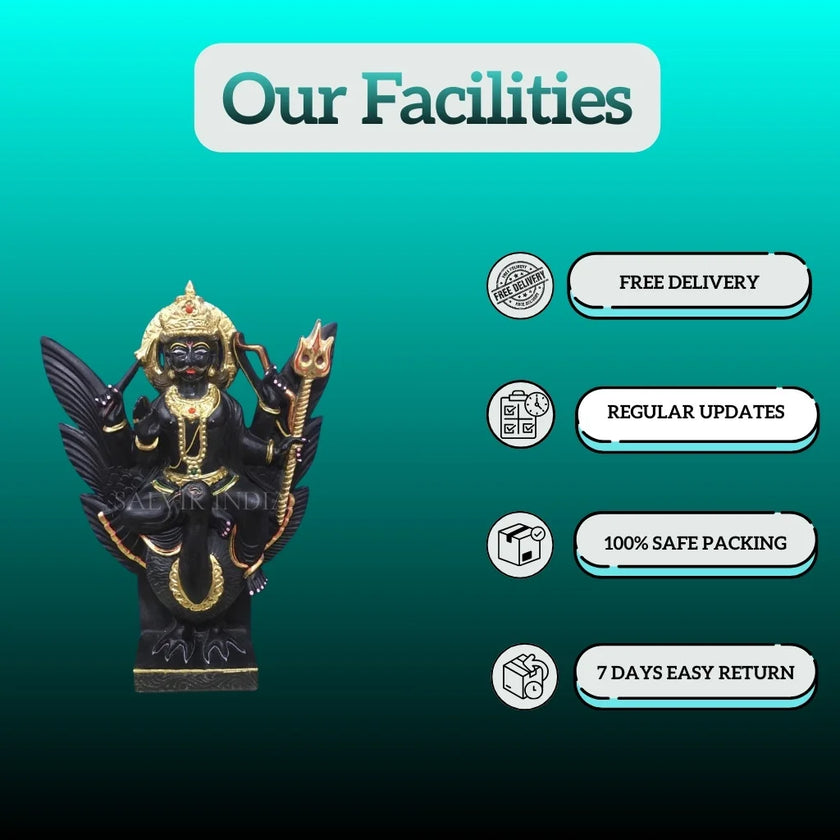 Facilities available with Black Marble Shani Dev Murti including free delivery, safe packing, regular updates, and easy returns