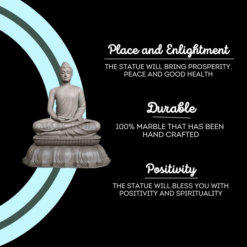Handcrafted detailing on Buddha marble murti with fine carving