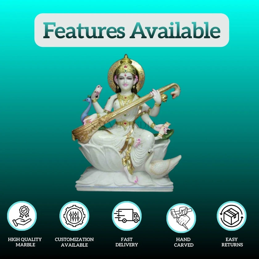 Buy Saraswati marble statue handcrafted for home temple
