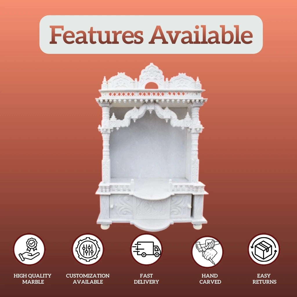 compact marble mandir front view for apartment pooja space