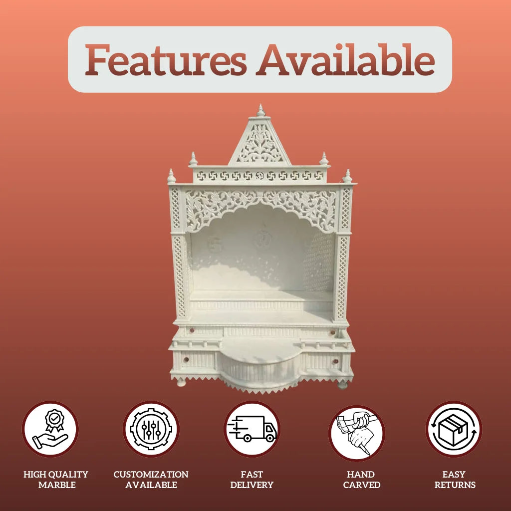 custom marble mandir front view with personalized carving