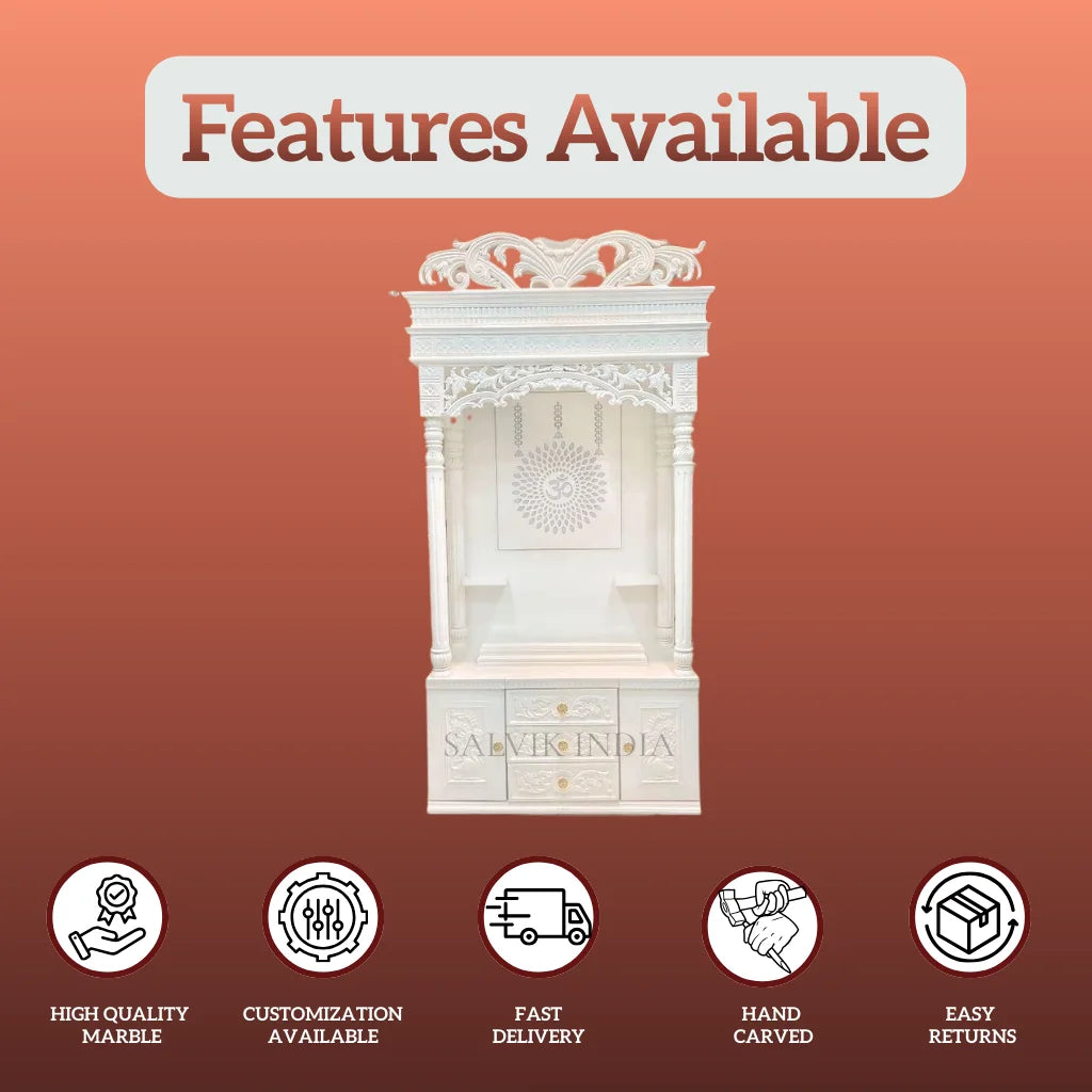 designer marble mandir front view with detailing back panel 