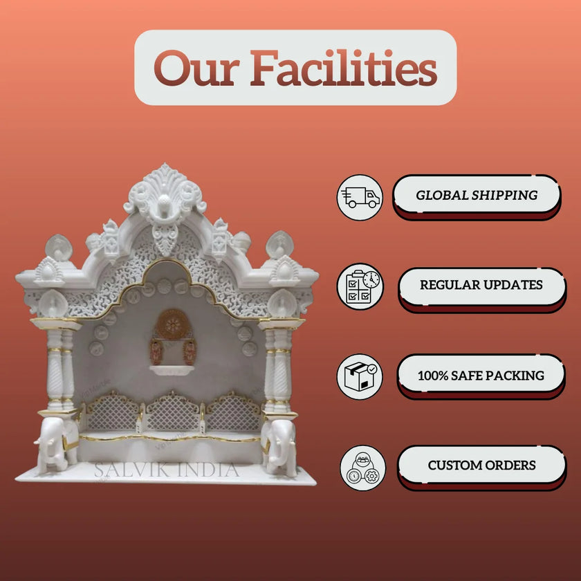 Designer marble mandir side view showing detailed carving and temple structure