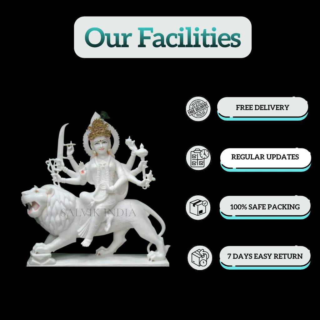 Close up handcrafted details of Durga Maa marble statue for home worship