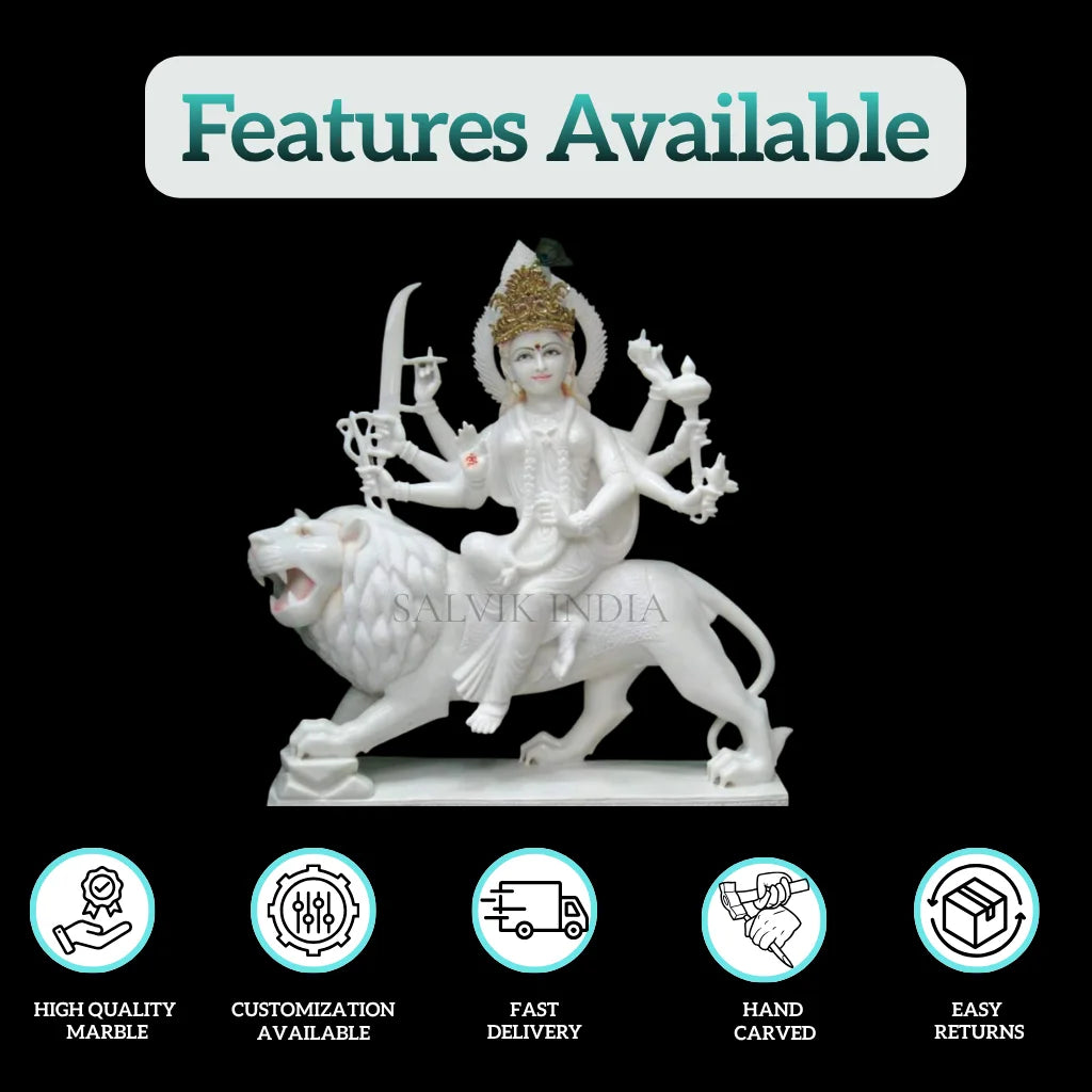 Front view of Durga Maa marble statue for home mandir with divine expression
