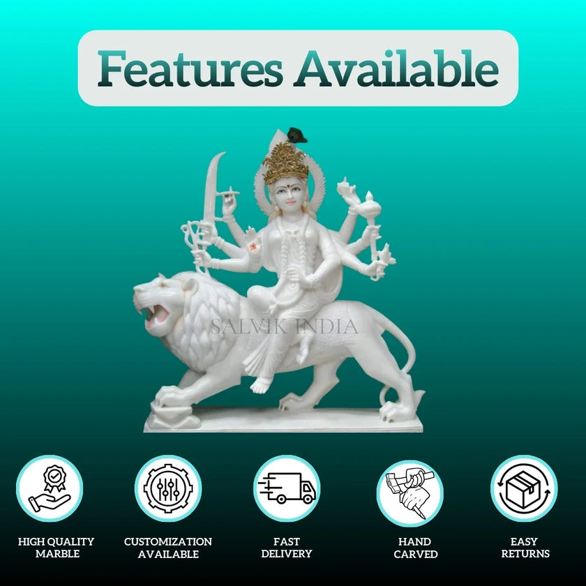 Front view of Durga Maa marble statue for home mandir with divine expression