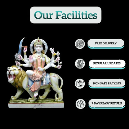 Close up handcrafted details of Durga marble idol showing fine carving