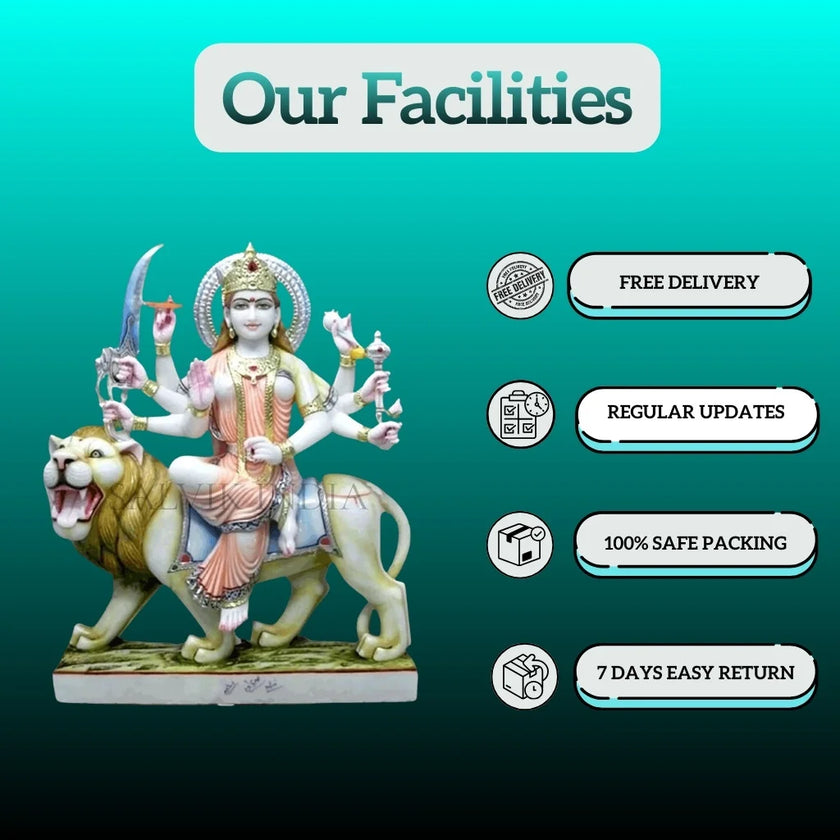 Close up handcrafted details of Durga marble idol showing fine carving