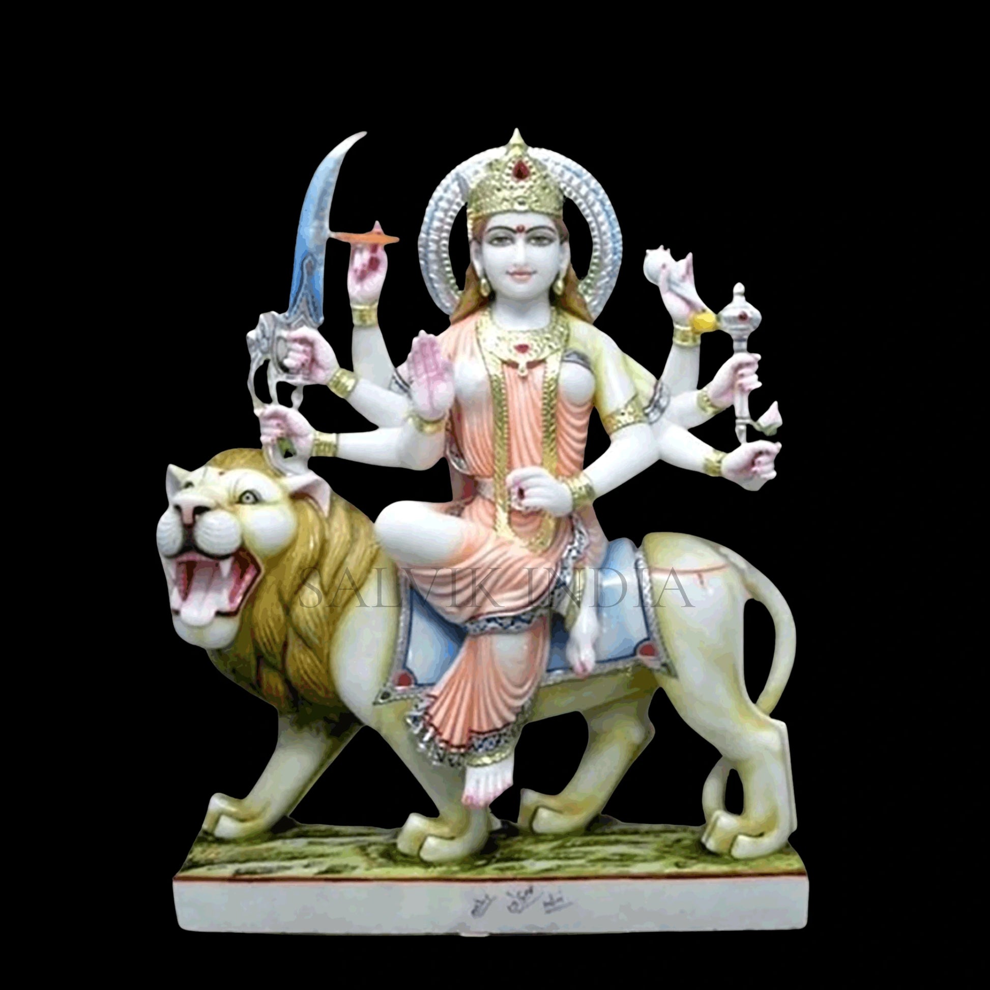 Front view of Durga marble idol with calm divine expression