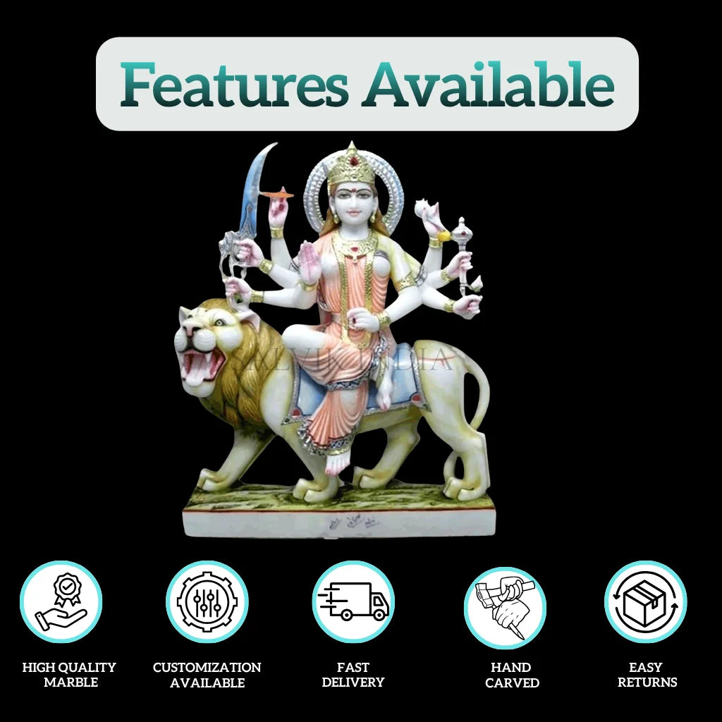 Side angle view of Durga marble idol handcrafted from premium marble