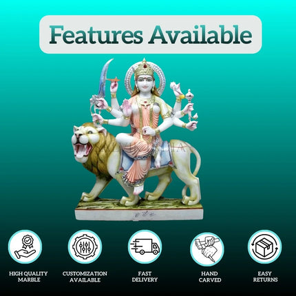 Side angle view of Durga marble idol handcrafted from premium marble