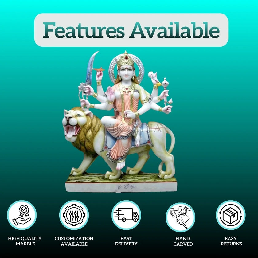 Side angle view of Durga marble idol handcrafted from premium marble