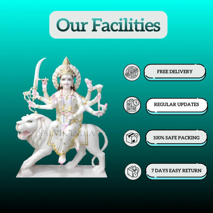 Durga marble murti with lion for home temple pooja