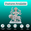 Front view of Durga marble statue seated on lion with divine expression