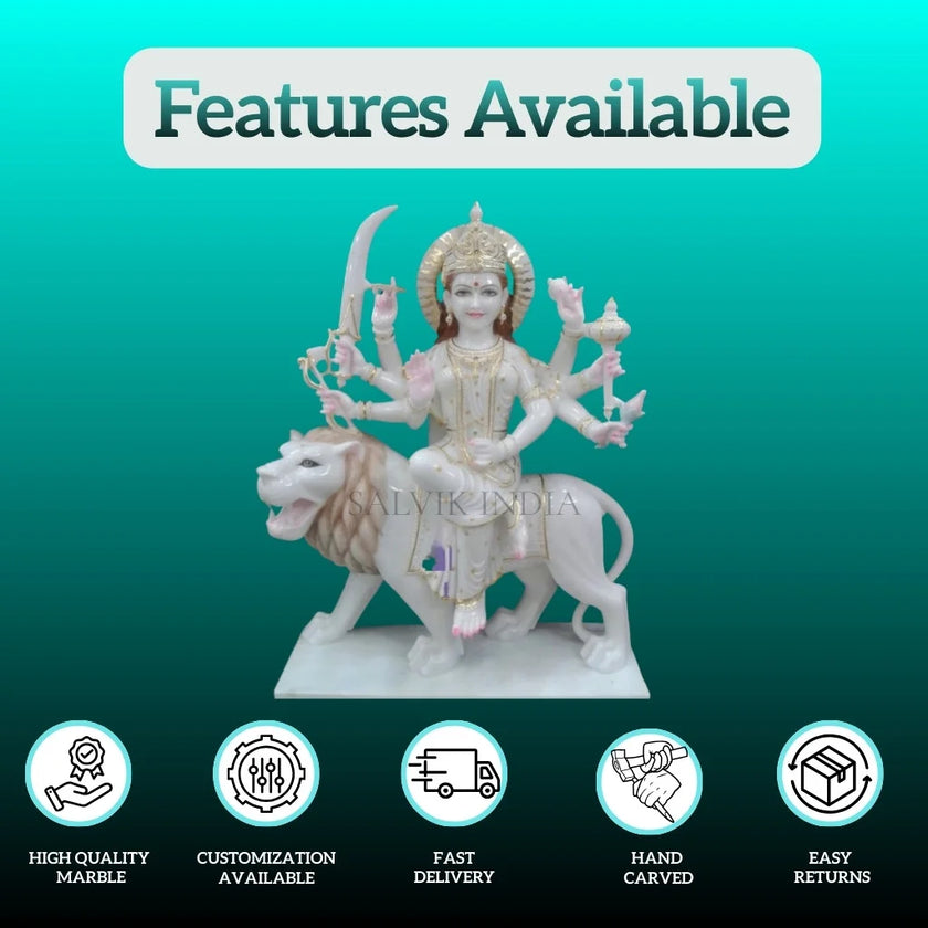 Front view of Durga marble statue seated on lion with divine expression