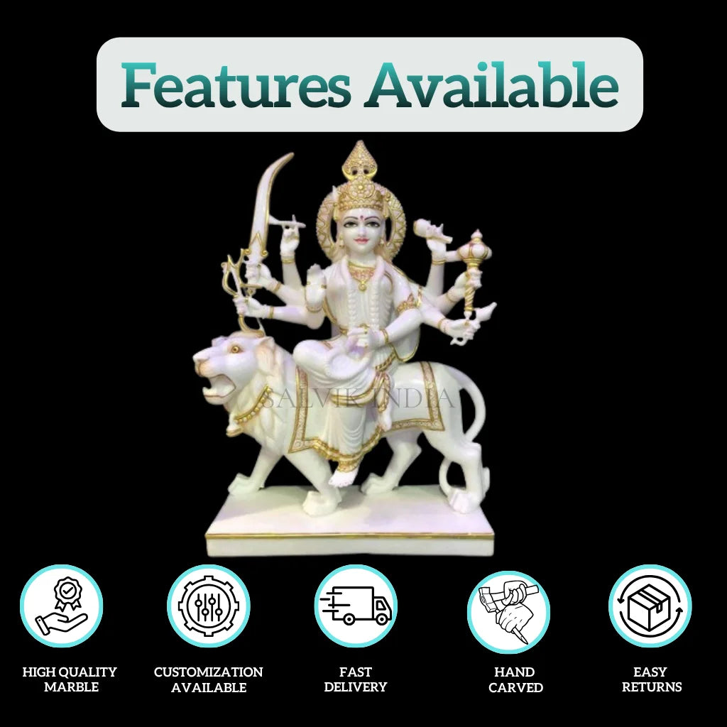Side angle view of Durga Mata marble murti handcrafted for daily worship