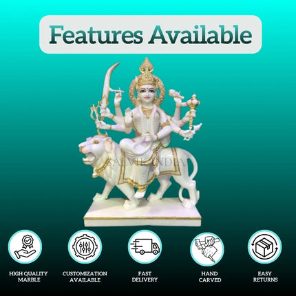 Side angle view of Durga Mata marble murti handcrafted for daily worship