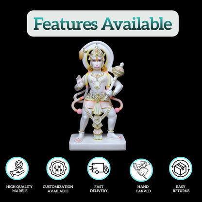 Hanuman Ji marble murti showing features like high quality marble, customization, hand carving, and fast delivery by Salvik India.
