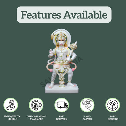 Hanuman Ji marble murti showing features like high quality marble, customization, hand carving, and fast delivery by Salvik India.
