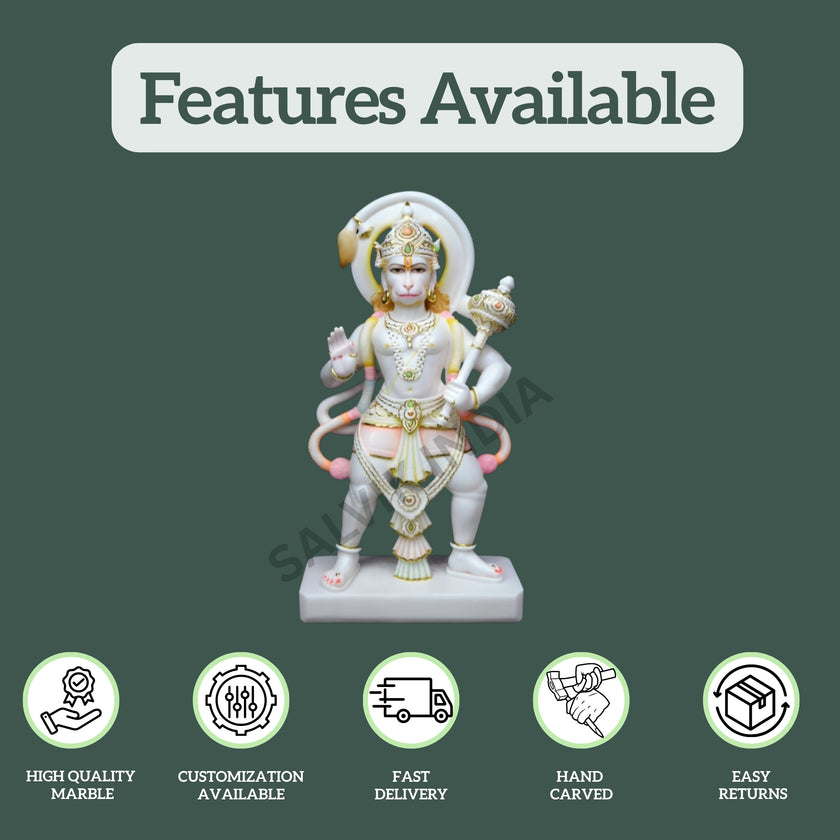 Hanuman Ji marble murti showing features like high quality marble, customization, hand carving, and fast delivery by Salvik India.