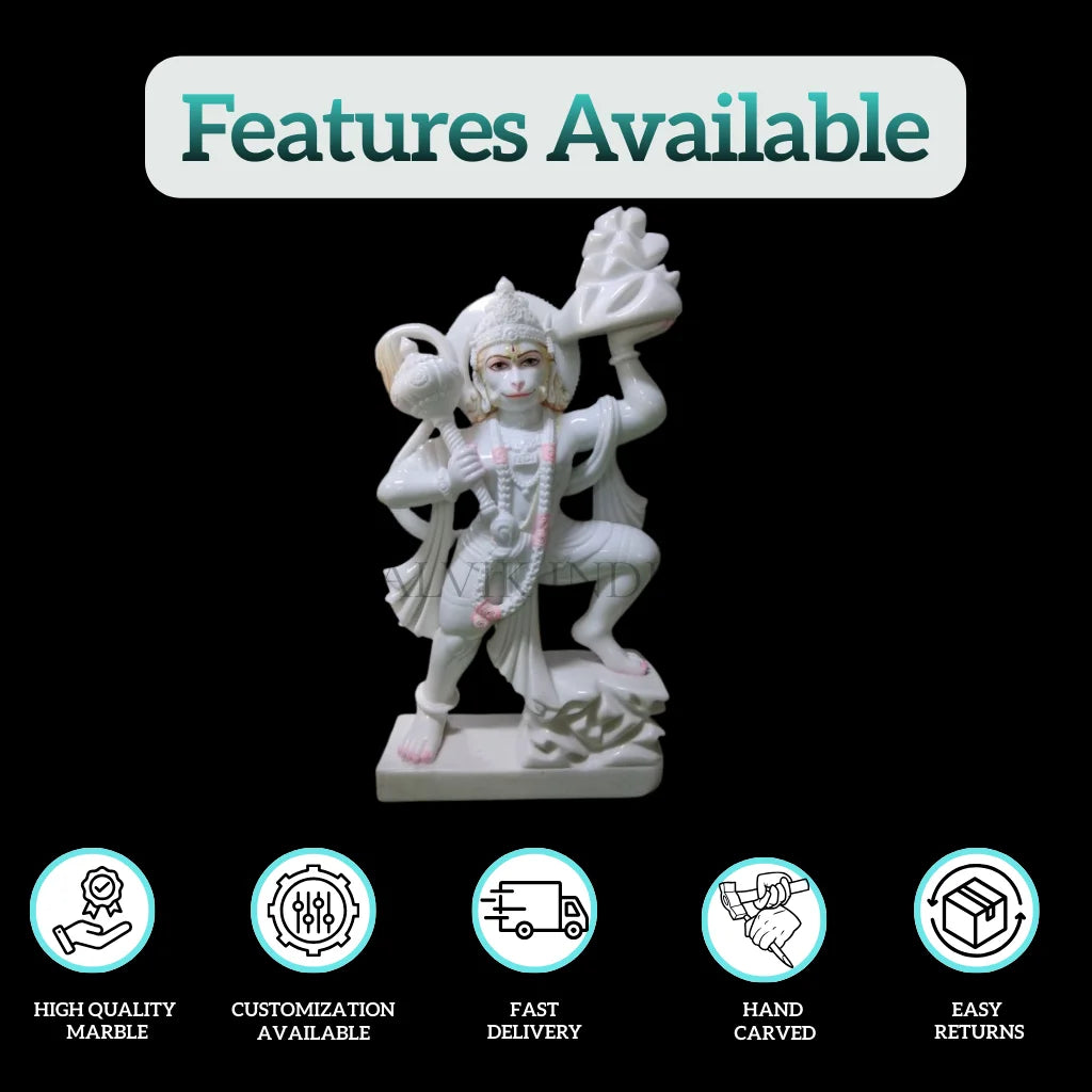 Features of Hanuman Ji marble statue – handcrafted, high-quality marble, fast delivery, customization available