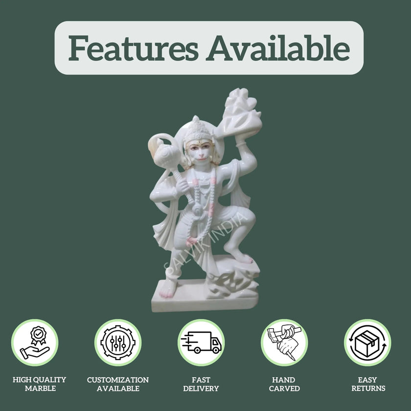Features of Hanuman Ji marble statue – handcrafted, high-quality marble, fast delivery, customization available