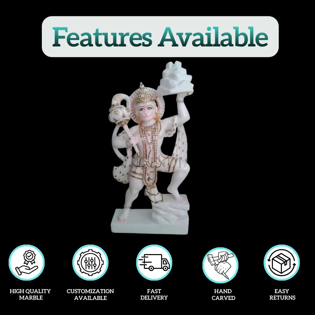 White marble Hanuman Ji statue showing product features such as high quality marble, customization, fast delivery and easy returns by Salvik India.