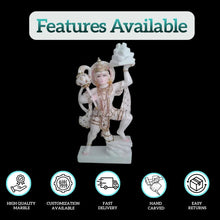 White marble Hanuman Ji statue showing product features such as high quality marble, customization, fast delivery and easy returns by Salvik India.
